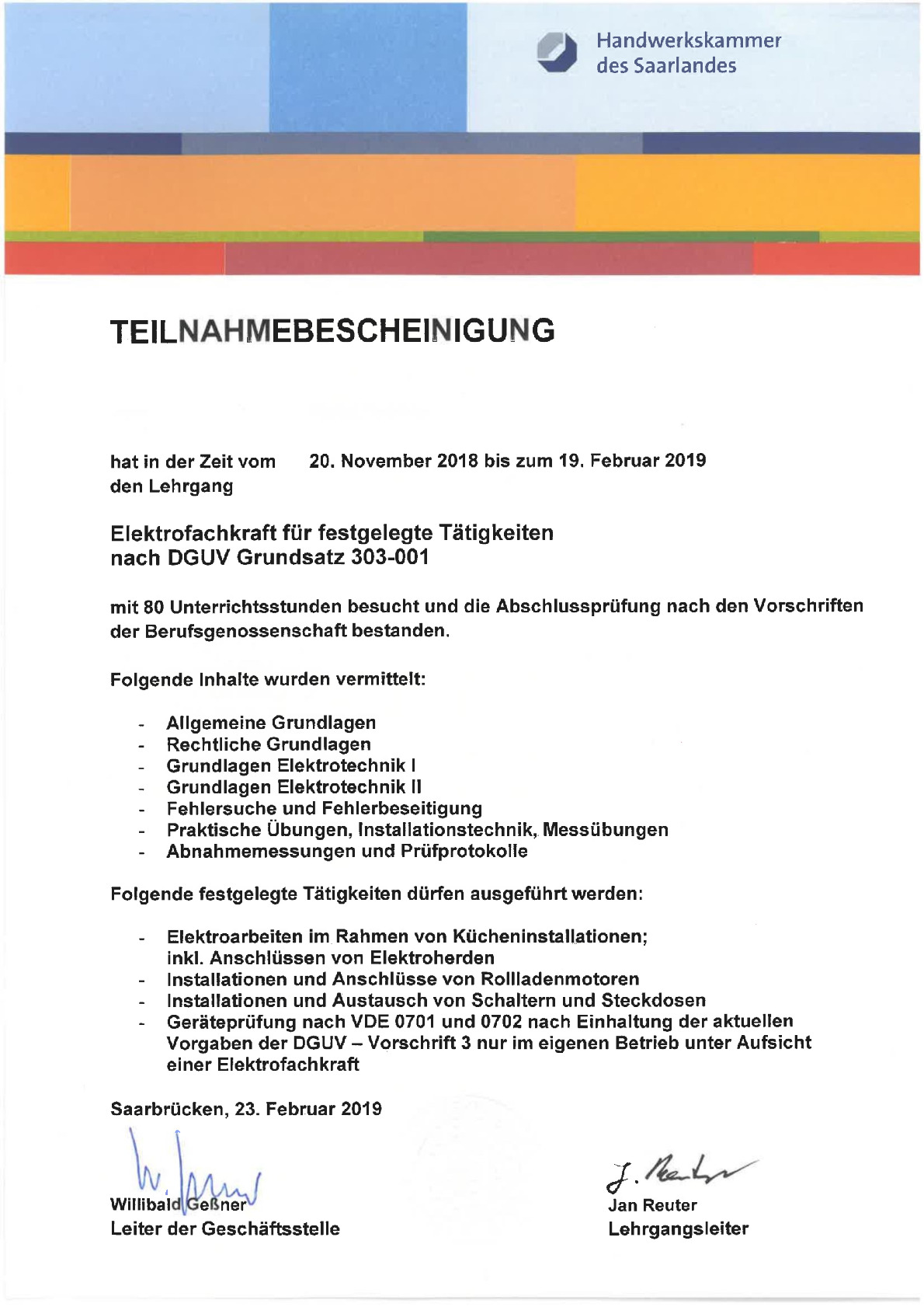 Vorschaubild von Dokument: Teilnahmebescheinigung Elektrofachkraft