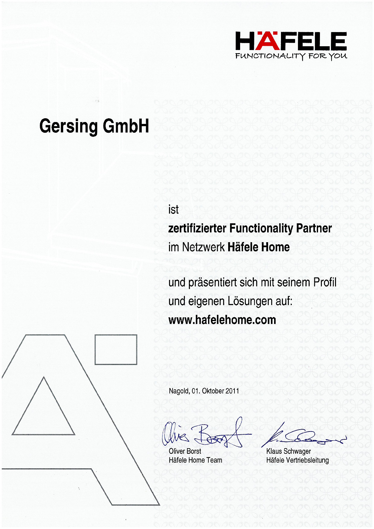 Häfele Zertifikat Vorschaubild von Dokument: Häfele Zertifikat