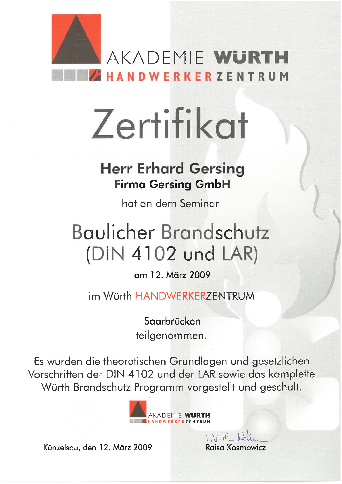 Vorschaubild von Dokument: Zertifikat Baulicher Brandschutz