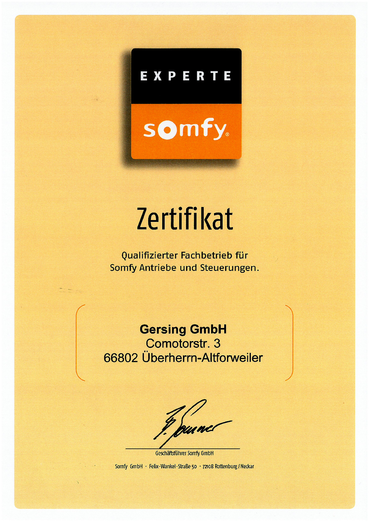 Somfy Zertifikat Vorschaubild von Dokument: Somfy Zertifikat